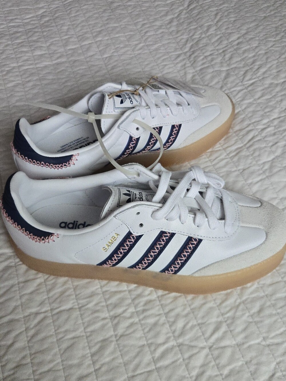 Adidas Samba Sambae Women 7.5 White Navy Bkue Stitch Leather Suede 0926 - Picture 5 of 9